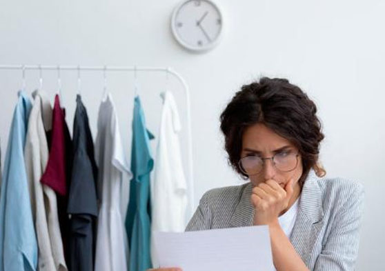 Mujer pensativa mientras lee un documento